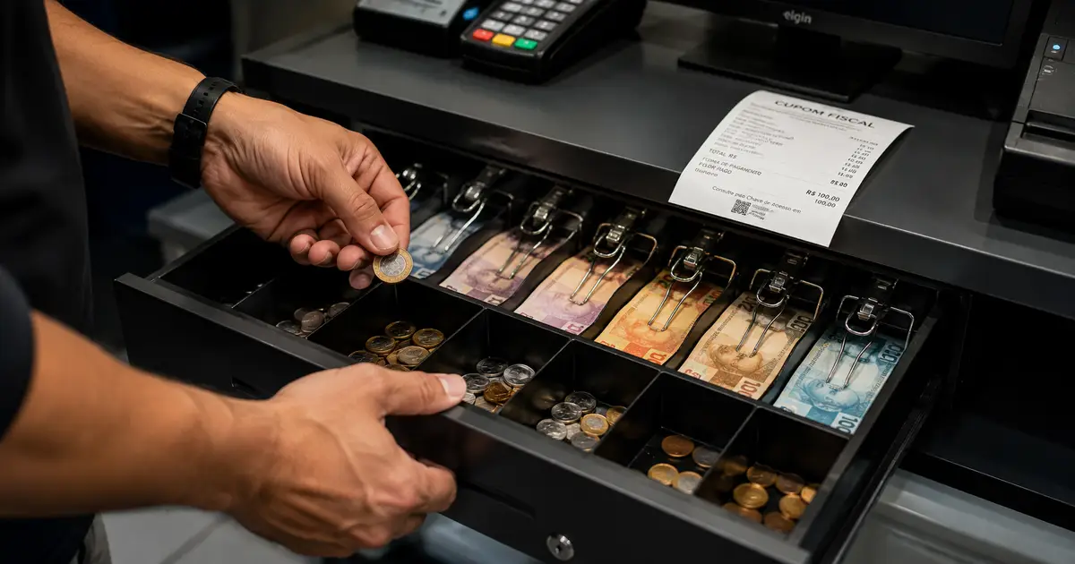 Mão de um caixa operando uma gaveta de dinheiro moderna, com moedas e recibos organizados.