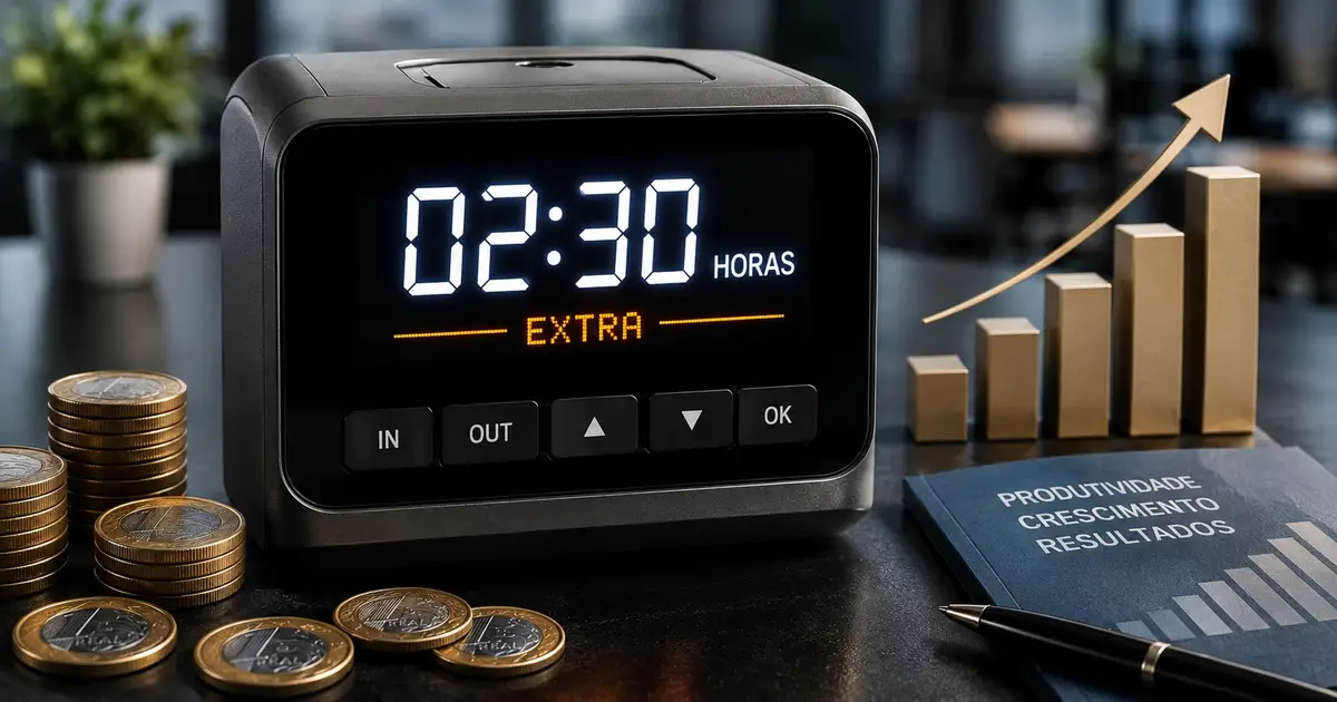 Relógio de ponto digital iluminado mostrando horas excedentes, com moedas e elementos gráficos indicando ganhos extras.