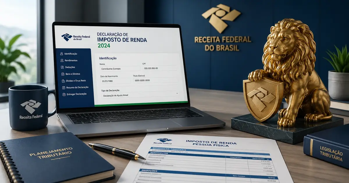 Representação de formulários de declaração de imposto de renda e o símbolo do Leão da Receita Federal com elementos gráficos de tecnologia.