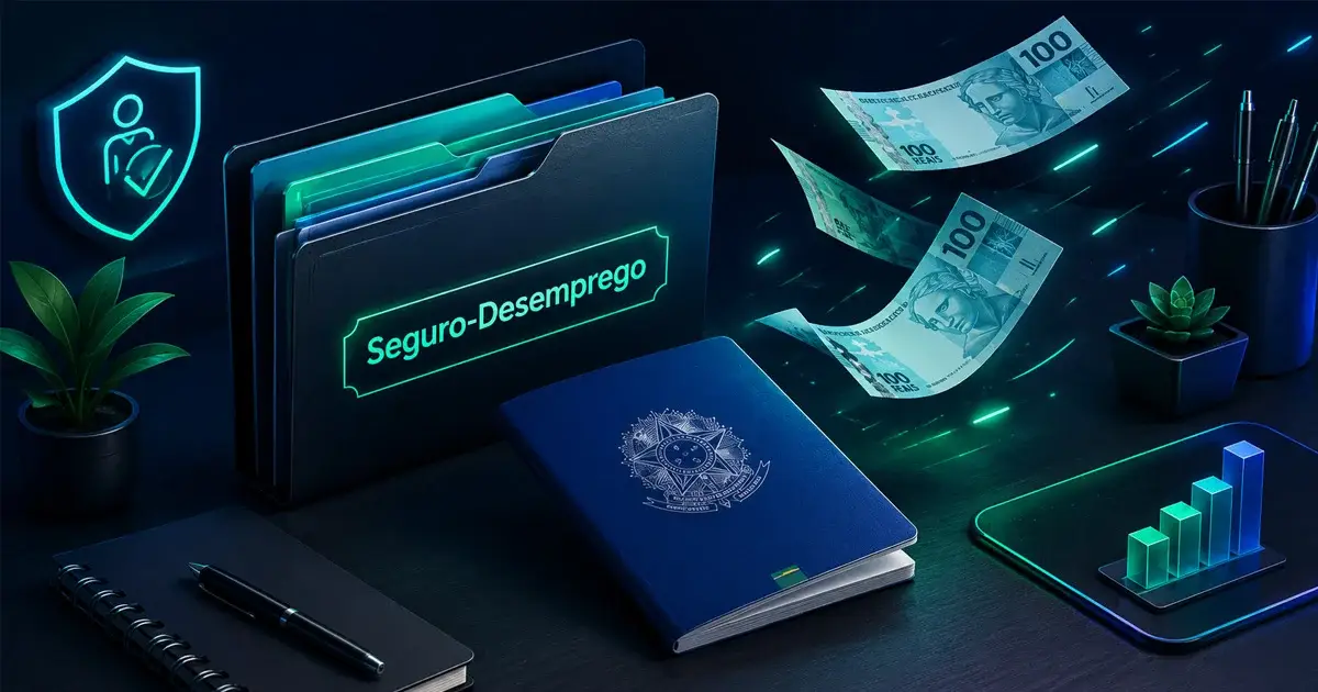 Representação de carteira de trabalho brasileira com moedas e documentos de requisição de seguro-desemprego.