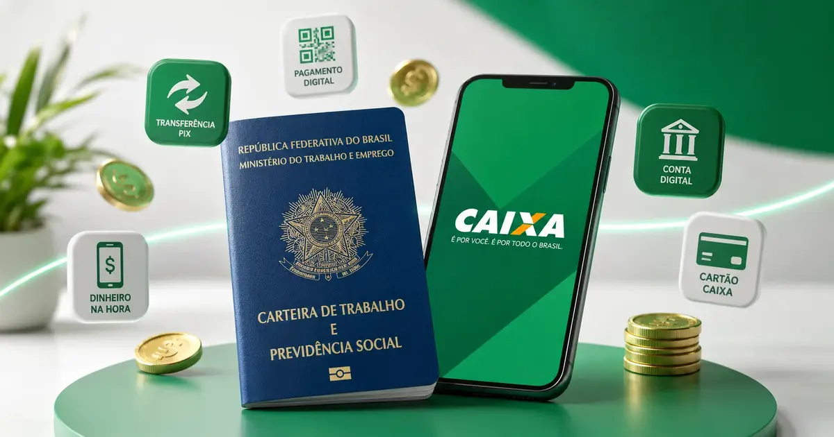 Representação de carteira de trabalho brasileira com o logotipo da Caixa Econômica e ícones de repasse financeiro do PIS/PASEP.