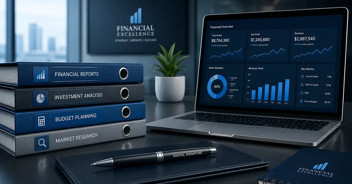 Documentos contábeis, uma calculadora e um certificado digital sobre uma mesa moderna, representando a organização empresarial do MEI.