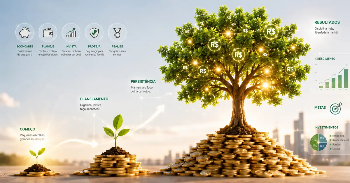 Uma pequena planta crescendo sobre uma pilha de moedas, tornando-se uma árvore de dinheiro digital ao fundo.