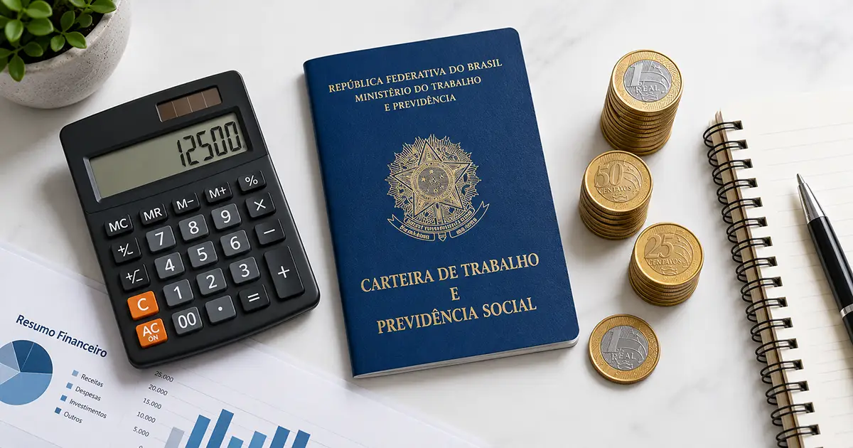 Empresário MEI assinando contrato de trabalho com colaborador, com moedas e calculadora sobre a mesa.