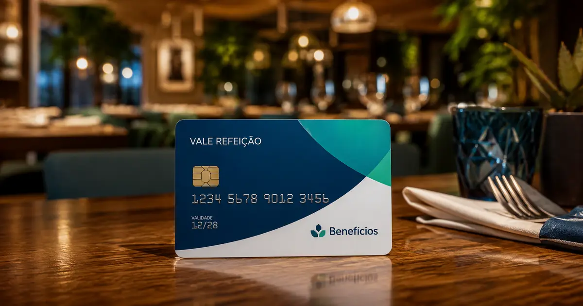 Cartão de benefícios sobre uma mesa de restaurante, simbolizando o uso do vale-refeição.