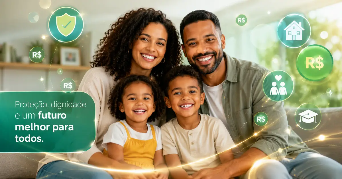 Família feliz com crianças pequenas, com ícones de moedas e proteção social ao fundo.