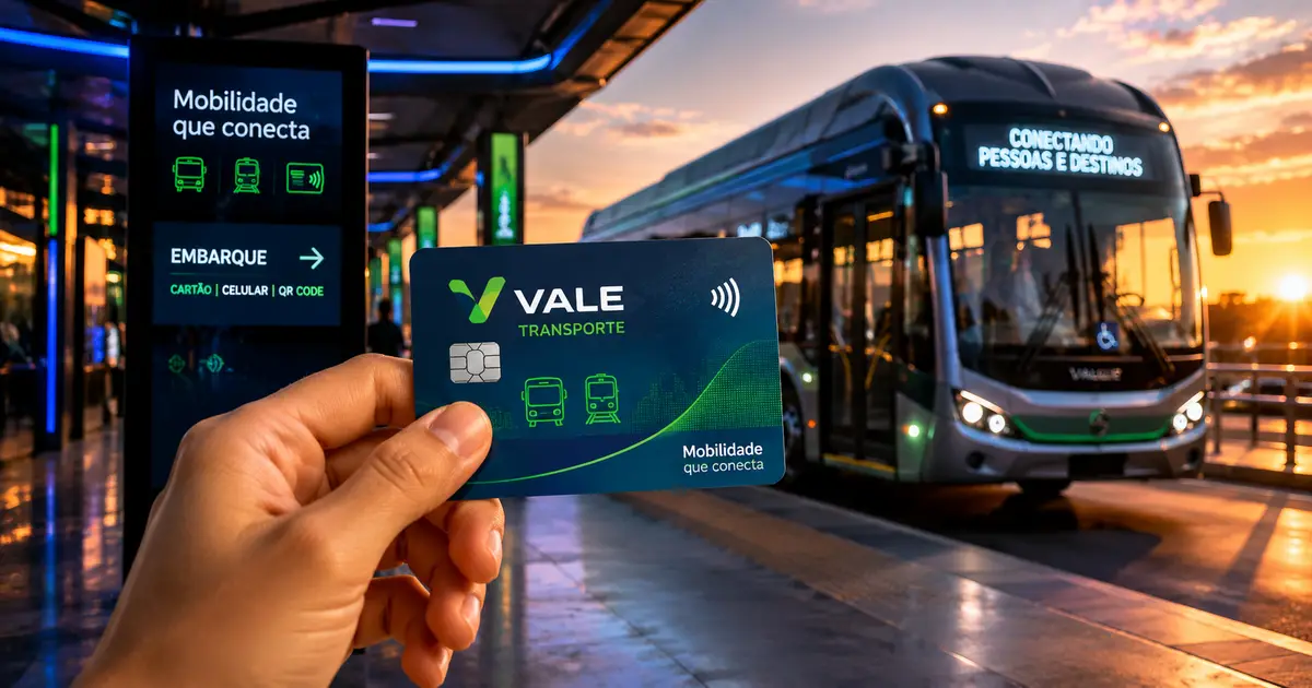 Pessoa segurando um cartão de transporte público em frente a um ônibus moderno em 2026.