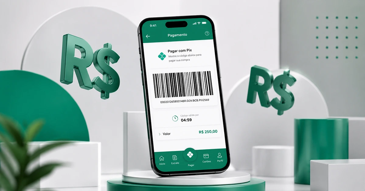 Smartphone exibindo o boleto DAS MEI com ícones de impostos e moedas de Real ao redor.